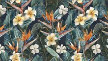 Tropical Seamless Pattern With Exotic Leaves Strelitzia Flowers Hibiscus And Plumeria Vintage Texture Floral Background Dark Watercolor 3d Illustration For Luxury Wallpapers Tapestry Mural