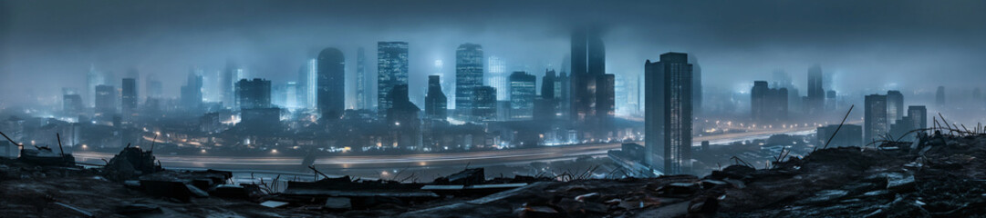 Poster - misty foggy blue stormy night sky over a vast panoramic view of a city skyline - stormy weather - emblematic cityscape - cloudy  stormy weather - tall skyscrapers - apocalyptic mood