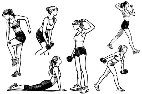 Hand sketch of a running woman and doing sports, a set of different exercises