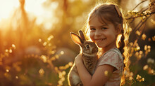 Girl Holding And Cuddling A Bunny