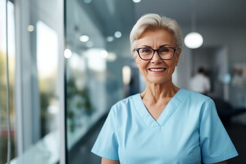 A practicing dentist smiles at the clinic. Adult female orthodontist surgeon stands in the office and is ready to receive hospital patients. Advertising of a dental clinic. Generative AI.