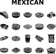 mexican cuisine food dinner icons set vector. taco mexico, table restaurant, dish tortilla, party view, gourmet salad, hot kitchen mexican cuisine food dinner glyph pictogram Illustrations