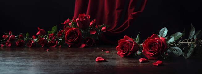 red roses on black background and table, romantic banner, valentine's day, love, women's day, elegan