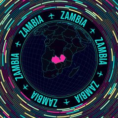 Poster - Zambia on globe. Satellite view of the world centered on Zambia. Bright neon style. Futuristic radial bricks background. Captivating vector illustration.