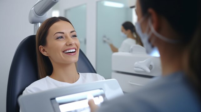 Oral specialist and lady inspect smile following teeth cleaning and consultation. Health dental care and content woman with orthodontist for mouth cleanliness and hygiene.