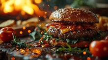 Realistic 3D Burgers Flying In The Air With Grilled Meat, Ultra-detailed Icon, And Food Photo Composition.