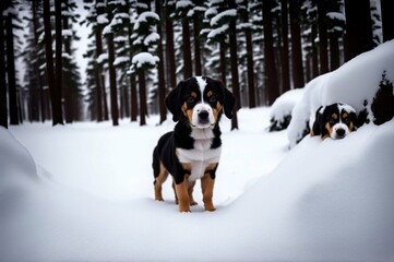 Adorable dog sitting on the snow in the winter forest. Selective focus.