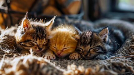 Wall Mural - Cute little kittens sleeping on soft blanket. Selective focus.