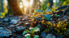 Small Plant Growing In The Soil With Morning Sunlight And Lens Flare.