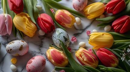 Spring fresh tulips with Easter eggs, top view, flat lay on light white background