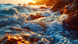rocky coast of the Mediterranean Sea at sunset. waves breaking on the rocks. Beautiful seascape with turquoise water and rocks. Sea waves close-up.