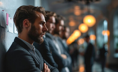 Poster - A young man staff standing to talk with a document to team, Business man in a meeting. Generative AI.