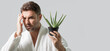 Aloe vera for cosmetics skin mask. Facial mask with aloe vera. Spa, dermatology, wellness and facial treatment concept. Male cosmetic mask with aloe vera. Web banner header, copy space.
