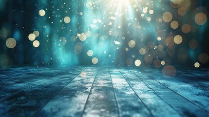 Poster - Wooden floor with bokeh lights background