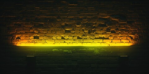 Wall Mural - A brick wall illuminated from below with neon yellow light