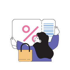 Poster - Shopping concept with cartoon people in flat design for web. Woman making bargain purchases with discount coupons at seasonal sales. Vector illustration for social media banner, marketing material.
