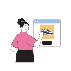 Poster - Shopping concept with cartoon people in flat design for web. Woman choosing new shoes in online sport store and ordering by internet. Vector illustration for social media banner, marketing material.