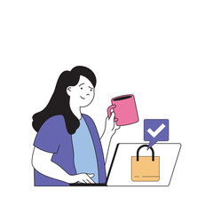 Poster - Shopping concept with cartoon people in flat design for web. Woman making bargain purchases and ordering online using laptop at home. Vector illustration for social media banner, marketing material.