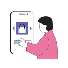 Poster - Shopping concept with cartoon people in flat design for web. Man making purchases and ordering in mobile app with online payment. Vector illustration for social media banner, marketing material.