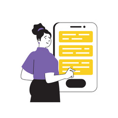 Poster - Contact us concept with cartoon people in flat design for web. Woman answering clients questions in chat, supporting customers online. Vector illustration for social media banner, marketing material.