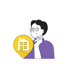 Poster - Contact us concept with cartoon people in flat design for web. Man consulting business clients and getting address location info. Vector illustration for social media banner, marketing material.