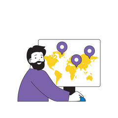 Poster - Contact us concept with cartoon people in flat design for web. Man connecting online with clients by different locations in world. Vector illustration for social media banner, marketing material.