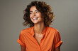 © NPix - Portrait of joyful woman with short hair smiling isolated over grey background. Generative AI.