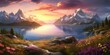 © Creative Canvas - Panorama of a mountain landscape during sunset with a lake and flowers in the foreground