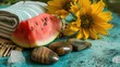 still life with flowers, watermelon and stones. 