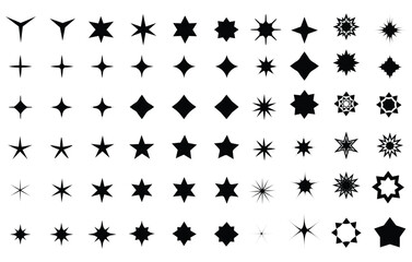Wall Mural - Twinkling stars. Sparkle star icons. Minimalist silhouette stars icon, twinkle star shape symbols. Modern geometric elements, shining star icons, abstract sparkle black silhouettes symbol vector set
