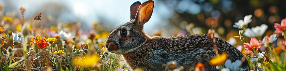 Wall Mural - Osterhase im Feld mit Blumen und Schmetterlingen, Panoramabanner. 