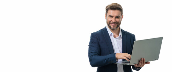 Business man working on laptop in studio. Man checking email on laptop, writing message in social network, using internet, searching information on laptops. Banner for header, copy space. Wide poster.