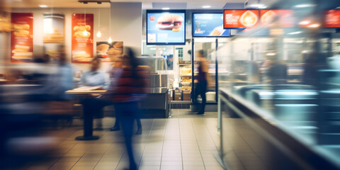 Wall Mural - Blurred people walking in the busy fast food restaurant, motion blur time-lapse consumers