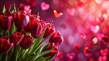 Red Tulips Flowers Background With Hearts On A Blurred Background As Valentine's Day Love Background