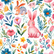 Cute watercolor spring flower and Easter bunny rabbit seamless pattern on background.