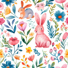 Wall Mural - Cute watercolor spring flower and Easter bunny rabbit seamless pattern on background.