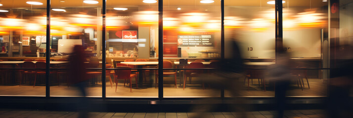 Blurred people walking in the busy fast food restaurant, motion blur time-lapse consumers