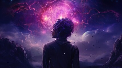 man in the sky. Purple digital background landscape. Generative AI