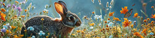 Kaninchen Auf Der Wiese Mit Blühenden Blumen. Ostern Hintergrund. 