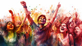 Indian people celebrating Hindu Holi Festival. Watercolor style poster illustration. attractive vector illustration, even colors, celebrating holi festival. illustration of the holi festival in India.