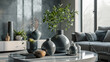 glossy monochrome shiny vases with sharp shapes as an element of room decor