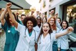 Group of young female doctors or nurse cheering with arms raised in the air, Diverse team of students wearing nurse uniform cheers for joy, AI Generated