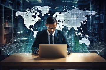 Poster - Portrait of young African businessman using laptop with digital world map on blurry office background. Toned image double exposure, Double exposure captures a businessman working, AI Generated