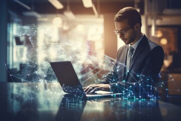 Poster - Businessman working on laptop in office with double exposure of world map. Concept of global business, Double exposure captures a businessman working on a laptop computer, AI Generated