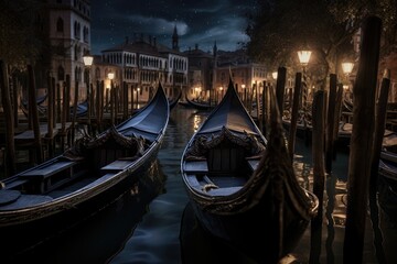 Wall Mural - Gondolas on Grand Canal at night, Venice, Italy, Elegant gondolas in Venetian water canal under moonlit night, AI Generated