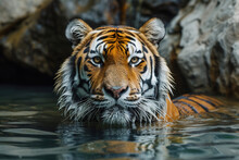Portrait Of Tiger Swims In Water Of A Pond