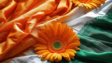 Indian Independence Day. Indian Flag With Flowers Lying On It.