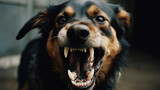 Fototapeta  - closeup aggressive dog growling and shows teeth