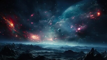 Wall Mural - flying over the blue planet. galaxy and nebula. abstract space background. endless universe with sta