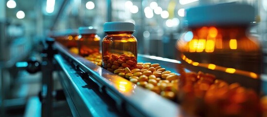 Sticker - Medicine pills being filled in bottles on a production line conveyor at a pharmaceutical factory.